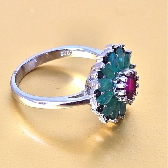Natural Ruby, Emerald & Black Spinel 925 Sterling Silver Ring - Picture 9 of 10